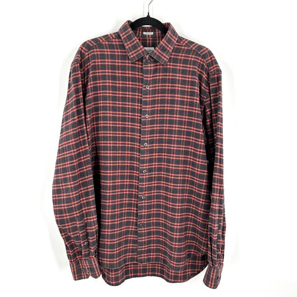CULTURATA Men Red Gray Plaid Flannel Tailored Fit Long Sleeve Button Up Shirt XL